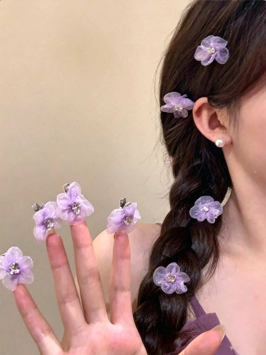 4/6/10件裝仙女紫色花朵髮夾，甜美可愛側邊夾，瀏海夾，度假髮飾，芭蕾風Y2K