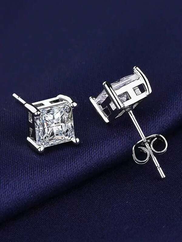 2pcs Hip-Hop Style Rhinestone Stud Earrings For Men, Square Diamond 4-Prong Fashion Geometric Earrings