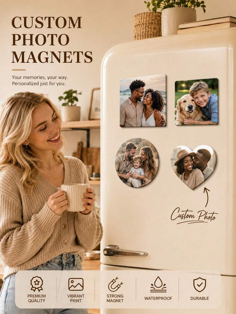 Customized Photo Refrigerator Magnet Set, Personalized Image Fridge Magnets, Including Rectangular, Square, Round And Heart Shapes, Can Upload Your Own Photos Or Customize Text, Multiple Image Display, Suitable For Kitchen And Living Room, Commemorative Gift For Family, Couples, Pets - Multicolor - View 1