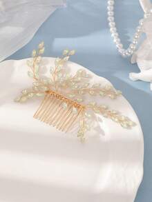 1pc Vintage Elegant Gold-Plated Full Rhinestone Olive Leaf Side Hair Accessory Bridal Wedding Accessory - Multicolor - View 3