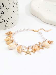1 buah Gelang Kaki Manik-manik Bintang Laut, Kerang, dan Cangkang Keong Bohemian, Gelang Kaki Mutiara Imitasi untuk Liburan Pantai Musim Panas untuk Wanita - Emas - View 5