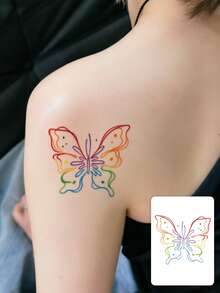 1 Pc Rainbow One Line Sketch Butterfly Temporary Tattoo, Waterproof Gradient Multicolor Outline Fake Tattoo, Minimal Body Art For Shoulder & Collarbone - Multicolor - View 1