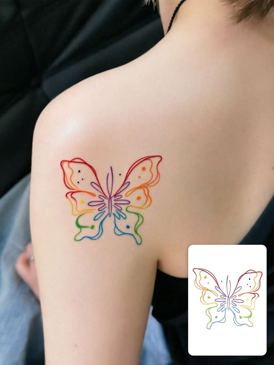 1 Pc Rainbow One Line Sketch Butterfly Temporary Tattoo, Waterproof Gradient Multicolor Outline Fake Tattoo, Minimal Body Art For Shoulder & Collarbone - Multicolor - View 1