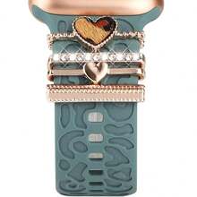 5pcs Watch Band Decorative Rings, Fashionable Personalized Faux Leather Heart, Leopard Print Heart, Leopard Print Five-Pointed Star, Multiple Styles Available, Suitable For Apple Watch Band Decoration, Suitable For Daily Wear - Rose Gold, Gold - View 3