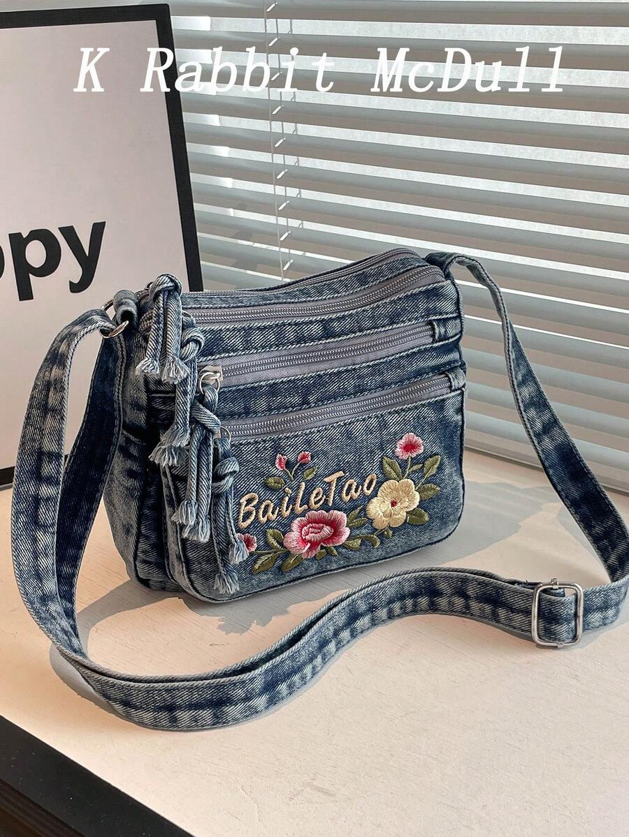 Tas Selempang Mini Modis dengan Bordir Bunga dan Banyak Kantong untuk Jeans – Tas Bahu Wanita Serbaguna, Tas Jeans Kecil, Tas Ibu dengan Tali yang Dapat Diatur