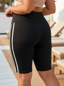 Plus Size Women's High Elasticity Solid Color 5-Inch Biker Shorts With White Side Stripe Design, Casual Comfortable Fashion Knit Leggings For Sports And Outings - Black - View 8