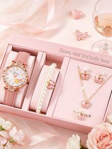 1pc Girls Pink Cute Cartoon Starfish Rainbow Pattern Quartz Watch And 5pcs Beaded Pendant Pink Butterfly Decor Jewelry Set - Pink - View 6