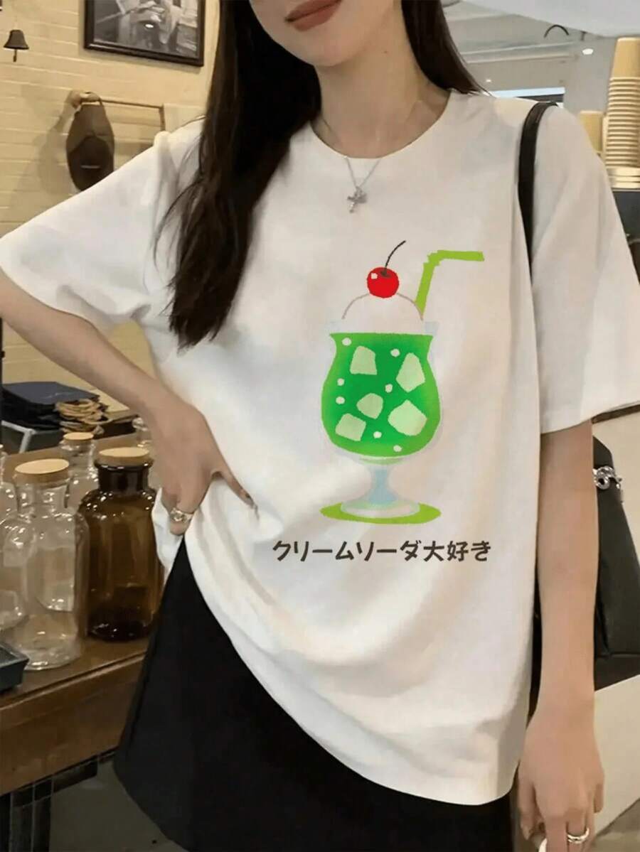 Camiseta gráfica retro Japanese Soda Melon Float, cuello redondo, manga corta, estilo aesthetic, mujer, moda verano, regalo - Blanco - Ver 1