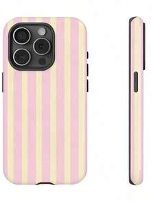 Una elegante funda para teléfono que no incluye cordón ni soporte GIIPPA Pink Stripe s Fashion Matte Vertical Striped 2-In-1 Phone en rosa y amarillo claro compatible con 16 15 14 13 12 11 PRO PLUS Spring Pastel, regalo de cumpleaños. - Multicolor - Ver 1