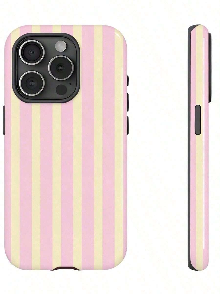 Una elegante funda para teléfono que no incluye cordón ni soporte GIIPPA Pink Stripe s Fashion Matte Vertical Striped 2-In-1 Phone en rosa y amarillo claro compatible con 16 15 14 13 12 11 PRO PLUS Spring Pastel, regalo de cumpleaños. - Multicolor - Ver 1