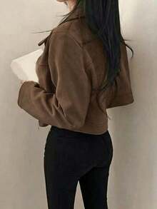 女款春秋夾克，翻領設計，純色仿麂皮，拉鍊開合，休閒學院風機場穿搭 - 鏽棕色 - 查看 5