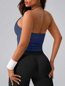 NcmRyu Top deportivo de mujer de una pieza, color liso, cuello halter, tirantes de espagueti ajustables, escote en V, fruncido y espalda descubierta - Azul Marino - Ver 3