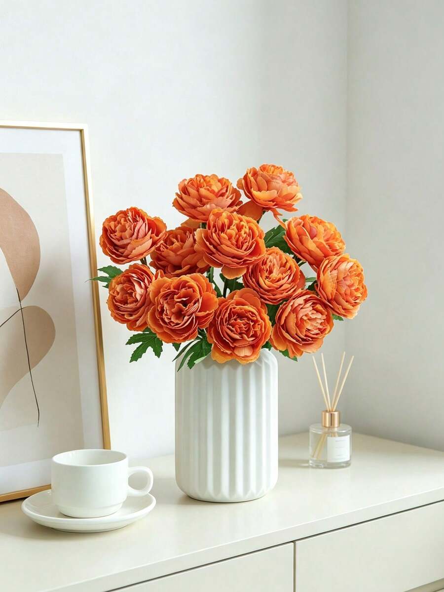 5pcs Realistic Silk Peony Artificial Flowers, Suitable For Wedding, Valentine's Day, DIY Crafts, Home Decor, Spring Decoration And Outdoor Decor - Orange - View 1