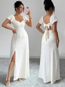 Vestido largo elegante y delgado de unicolor con espalda descubierta, lazo y mangas de loto con abertura alta, para vacaciones y citas en primavera/verano - Albaricoque - Ver 1