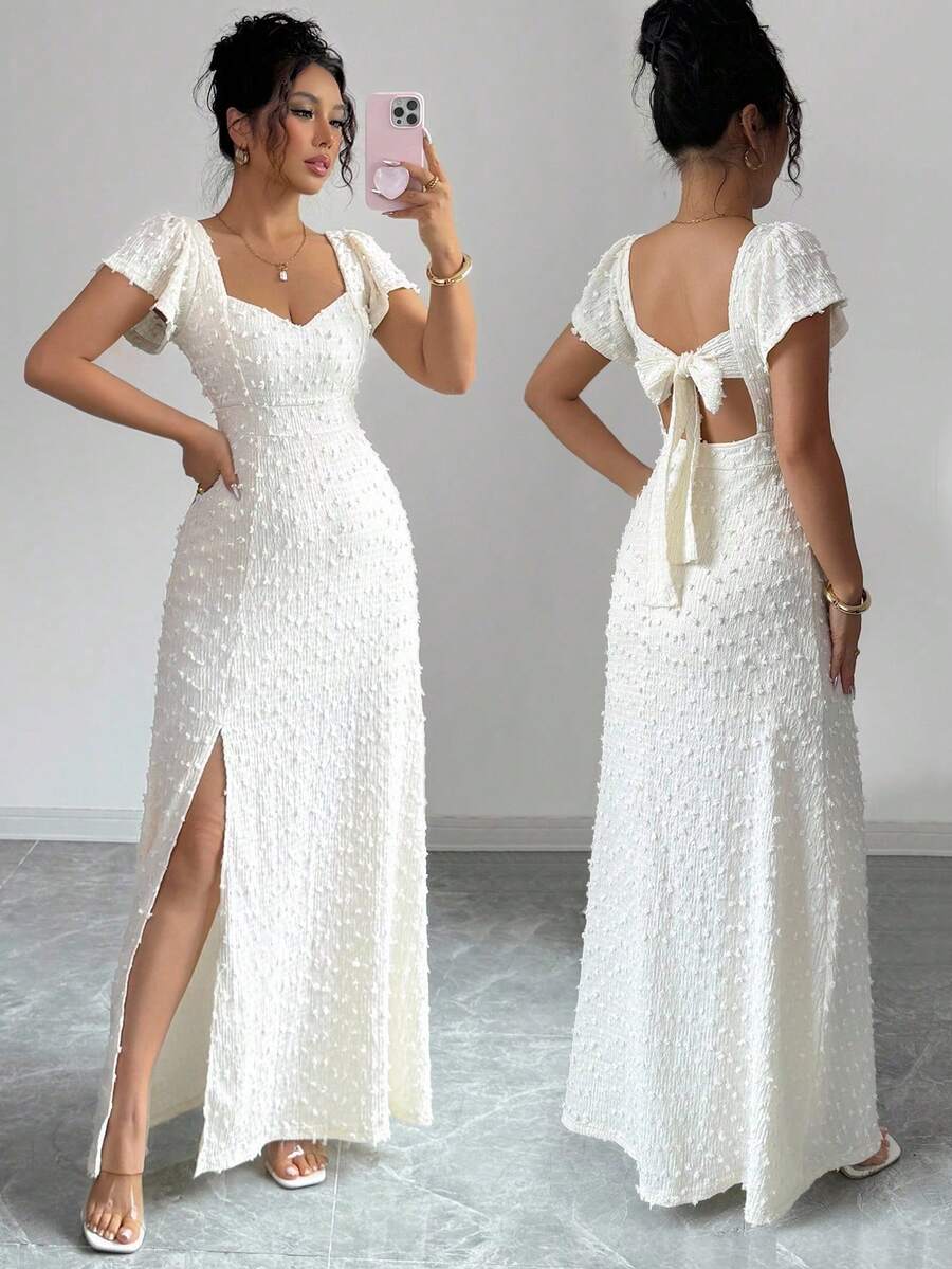 Vestido largo elegante y delgado de unicolor con espalda descubierta, lazo y mangas de loto con abertura alta, para vacaciones y citas en primavera/verano - Albaricoque - Ver 1