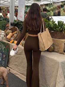 Quần thể thao nữ Aoqta mùa hè, màu trơn, dáng suông, cạp cao, ống loe ôm sát, kiểu dáng cơ bản phù hợp cho yoga, chạy bộ, tập luyện và mặc hàng ngày. - màu nâu - Xem 4