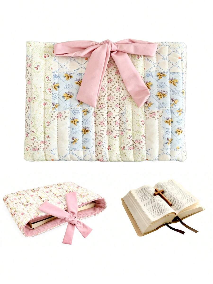1PC Bow Flower Book Storage Bag Quilted Printed Small Fabric Bag Large Capacity Makeup Bag, Multi-Functional, Practical, Beautiful And Lightweight, Suitable As Gift For Classmates, Friends, Teachers, Family, 4 Patterns And Colors Available,Back To School - C - View 1