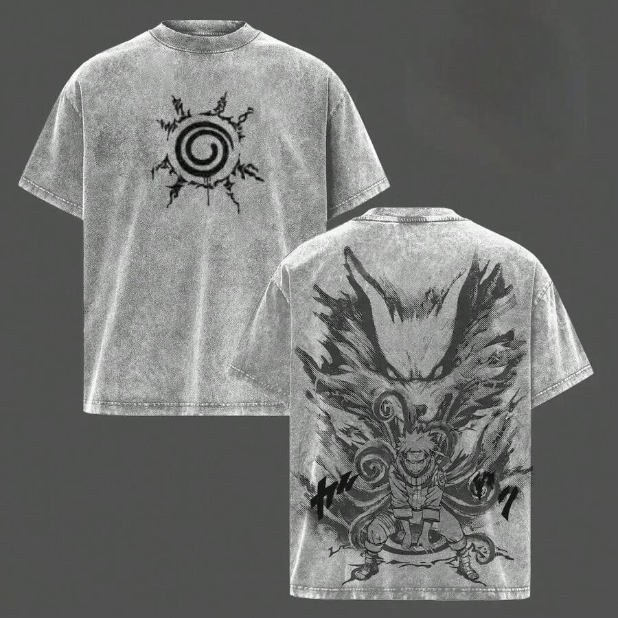 Vintage Washed T-Shirt, Thick Cotton With Double Graphic Illustrative Print, Unisex Cut, Variety Of Sizes, Casual Garment, Urban Fashion, Manga Style - 灰色 - 查看 1