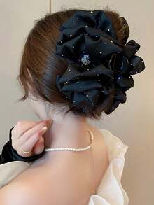 1pc Black Satin Glitter Rhinestone Flower Hair Clip, Large Ruffled Fabric Hair Claw, Elegant Updo Hair Accessory, Suitable For Women With Thick Hair, Beach Vacation Hair Clip - Black - View 6