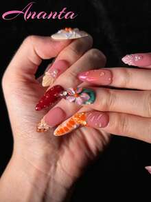 10pcs Almond Shaped Acrylic Press-On Nails, Handmade 3D Floral Design, Water Drop Shape, French Tie Dye Gradient Blended Nails, Summer Vibe Hot Girl Style, Wearable Nails For Party, Wedding, Daily Wear, With Tool Kit, Suitable For Girls And Women - Multicolor - View 5