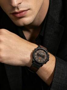1pc Leather Strap Chronograph Quartz Sports Watch - Yellow - View 8