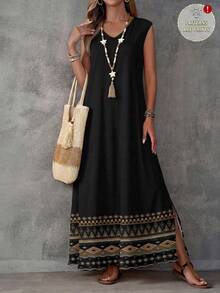 de mujer con estampado geométrico, adecuado para primavera/verano, vestido sin mangas, vestidos bohemios para mujer, vestido largo casual, rojo, casual - Negro - Ver 1