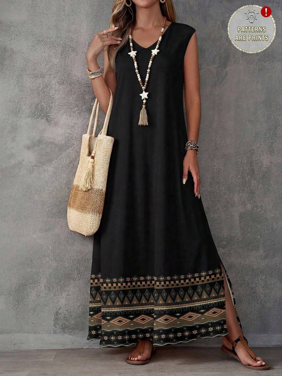 de mujer con estampado geométrico, adecuado para primavera/verano, vestido sin mangas, vestidos bohemios para mujer, vestido largo casual, rojo, casual - Negro - Ver 1
