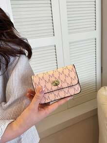 新款女款 PU 粉色復古印花短款經典復古時尚旋轉鎖短款零錢包多功能錢包極簡主義手拿包 - 粉色 - 查看 3