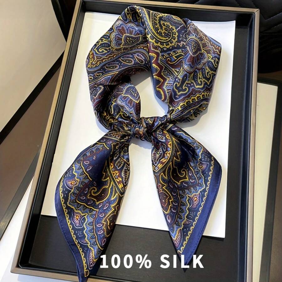 Bufanda Cuadrada de Seda de Morera 100% Azul con Estampado Floral, 27.55 Pulgadas, Bufanda Cuadrada Transpirable, Accesorio Elegante, Sin Elasticidad, Esencial para Decoración al Aire Libre - Azul - Ver 1