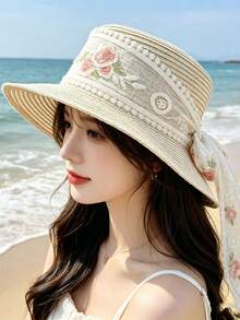 New Flat Top Straw Hat For Women, Embroidered Woven Hat, Summer Sun Protection Hat, UV Protection Sun Hat, Beach Hat - A - View 9