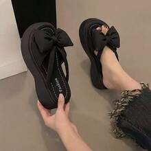 女款個性化大蝴蝶結夏季可愛百搭楔跟厚底涼鞋黑色 - 蝴蝶結黑色 - 查看 2