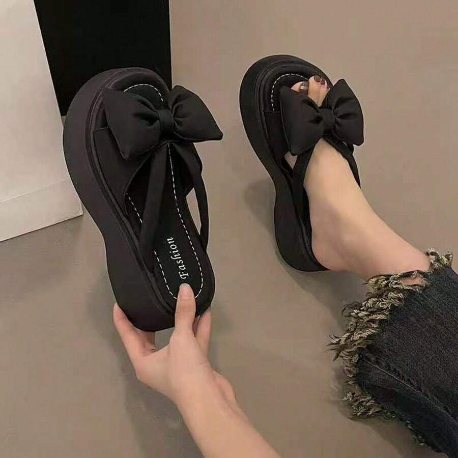 女款個性化大蝴蝶結夏季可愛百搭楔跟厚底涼鞋黑色