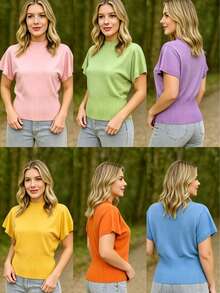 Light Blue Ribbed Women's Sweater With A High Neck And Batwing Sleeves, Regular Length, Ideal For Spring And Summer Looks. - Baby Blue - View 2