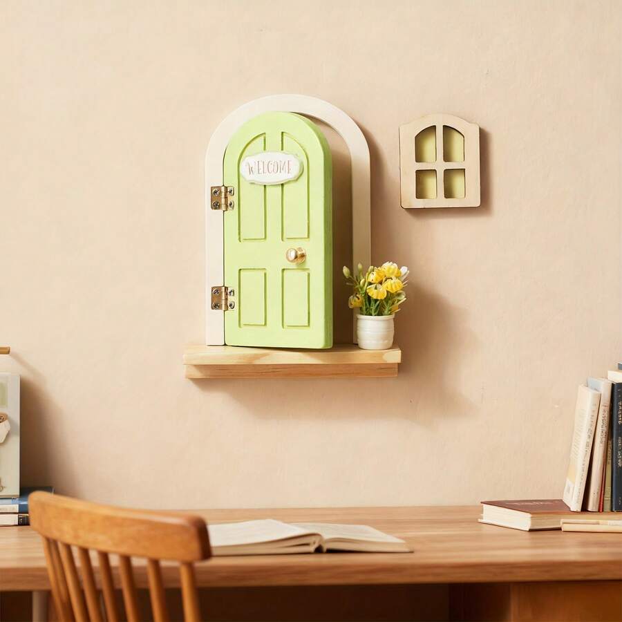 Bộ cửa tiên gỗ mini kèm cửa sổ & đế, trang trí phòng trẻ em, trang trí phòng ngủ em bé, cửa tiên trang trí phòng bé gái