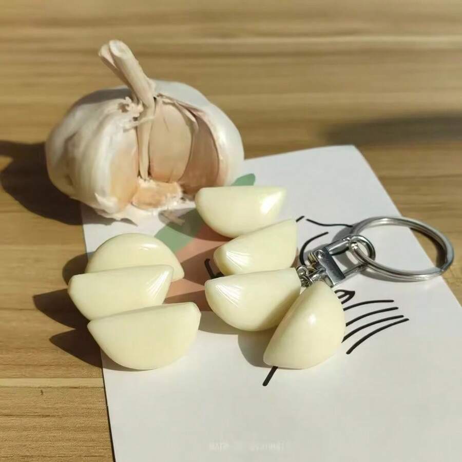 1:1逼真切塊大蒜鑰匙圈，趣味搞怪大蒜吊飾，女性包包掛飾配件，逼真食物模型，汽車鑰匙鏈，適合學生與情侶的創意DIY手工配件 - 彩色 - 查看 1