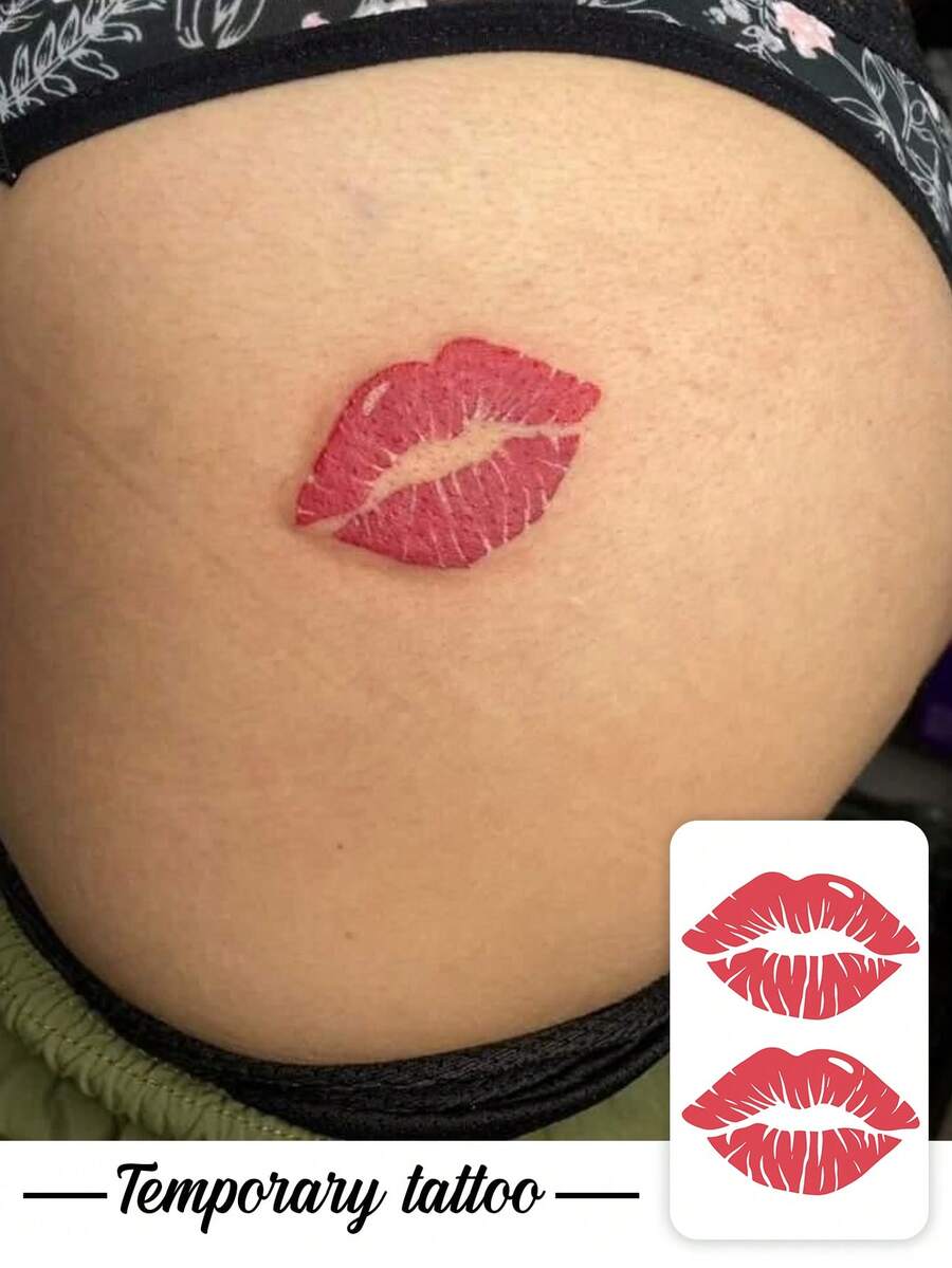 1 pièce Tatouage temporaire motif double lèvres flamme rouge, avec design de tatouage réaliste, convient pour les voyages, les festivals de musique, les jeux, les cadeaux de remise des diplômes, et dure 3-5 jours. - Rouge - Voir 1