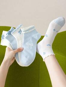 1/5 pares de calcetines finos para mujer con patrón de lazo azul y amor, calcetines de barco dulces y lindos, adecuados para usar en primavera y verano - Multicolor - Ver 9