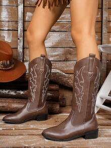 FRIFUL Women's New American Vintage Embroidered Pointed Toe Coffee Brown Western Boots, High Heel Chunky Heel Riding Boots, Cowgirl Boots - Coffee Brown - View 6