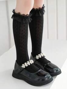 1 Pair Girls' Black Lace Calf Socks, Sweet Elegant Princess Socks, Versatile Ruffle Dance Socks For Back To School Season - Black - View 3