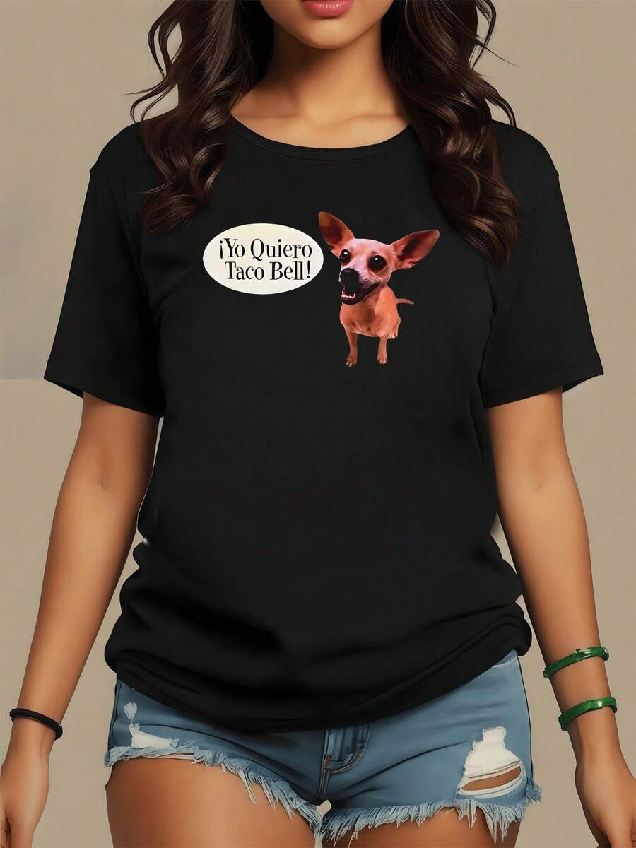 Cute Chihuahua Dog With Expressive Speech Bubble Message About Mexican Food On A Women's T-Shirt, Ideal For A Fresh, Casual Look - 黑色 - 查看 1