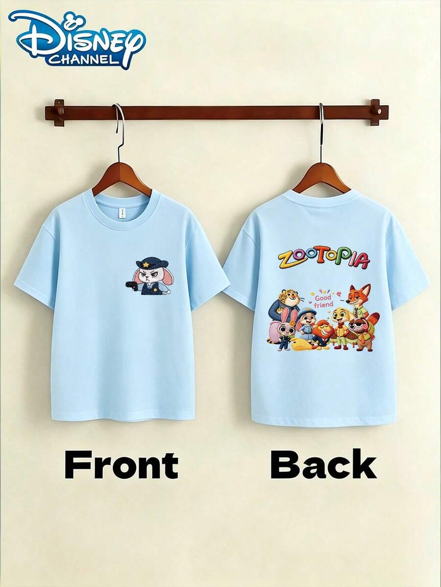 Disney Zootopia Judy Mini Chest & Group Character Back Print Kids Cotton Short Sleeve Tee, Soft Breathable Fabric, Daily Casual Top - 淺藍色 - 查看 1