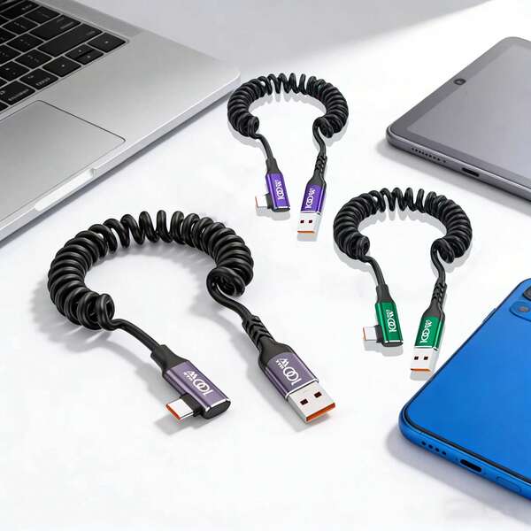كابل بيانات USB-A إلى Type-C حلزوني بطول 1.5 متر/5 قدم - كابل شحن للسيارة بزاوية 90 درجة. مناسب لأجهزة متعددة، كابل بيانات USB-A قابل للسحب بنظام زنبركي بقوة 100 واط للشحن السريع مزود بنهاية شحن Type-C بزاوية قائمة، متوافق مع iPhone 16 و16 Pro Max و15 و15 Plus و15 Pro و15 Pro Max وشواحن Type-C.