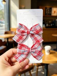 2pcs/Set Cute Duck Bill Hair Clips With Plaid Bows, Multiple Colors Available, Suitable For Daily Accessories - Multicolor - View 3