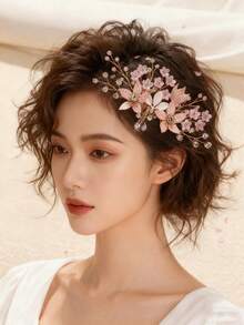1件女款優雅手工合金葉片軟黏土花朵仿珍珠髮梳 新娘頭飾 婚禮派對用 - 粉色 - 查看 5
