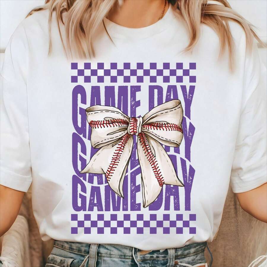 1 camiseta de béisbol para el día del partido, lazo coqueta morado, camiseta con mascota del equipo, de talla grande, camiseta para el día del partido, para fanáticos del béisbol, regalo par - Blanco - Ver 1