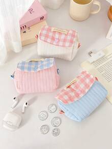 Macaron Quilted Camera Storage Bag, Digital Bag, Data Cable Storage Bag, Color Contrasting Flip Cover Design, Portable CCD Earphone Storage Protection - Multicolor - View 9