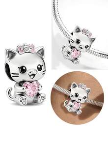 1pc 925 Sterling Silver Cat Hugging Heart Bead, Suitable For Bracelet, Bangle DIY Jewelry Making And Daily Decoration, Women & Girls Jewelry Accessory - Style 7 - View 8