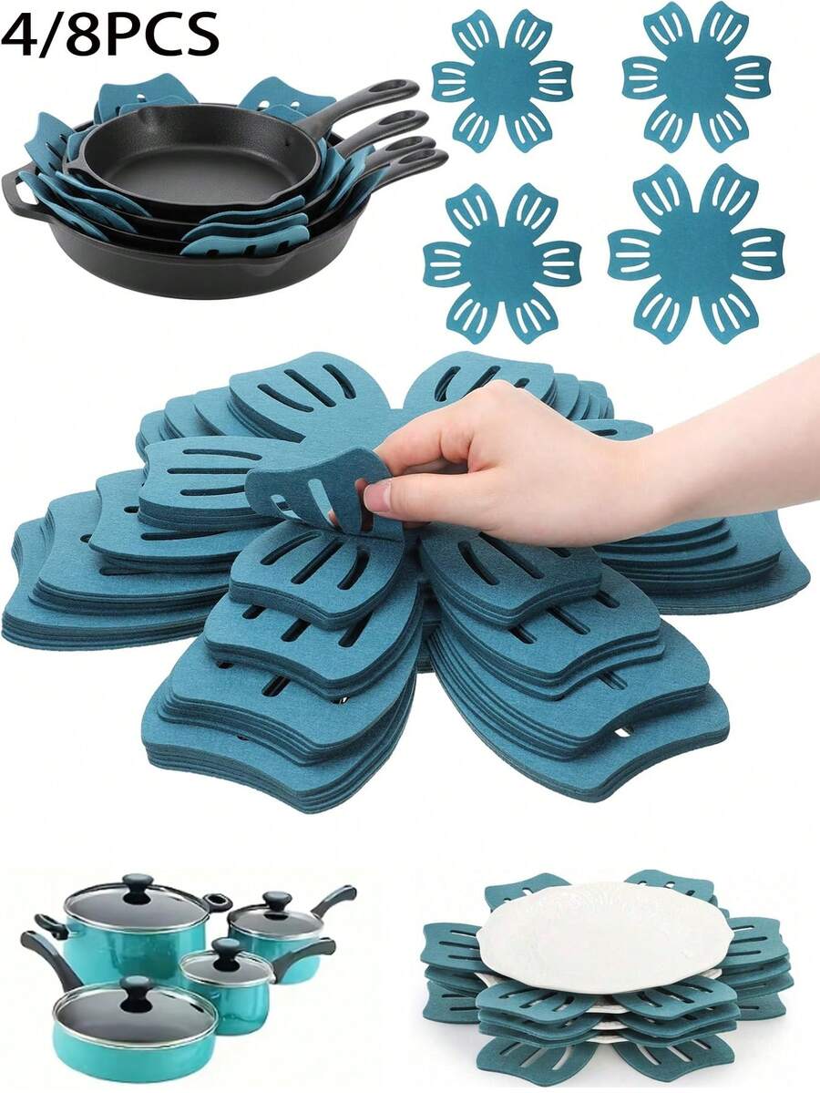 4/8pcs 2mm Thick Felt Pot Protectors Anti-Scratch Non-Stick Separator Pads Heat Insulation Protection Kitchen Cookware Tools - Lake Blue - View 1