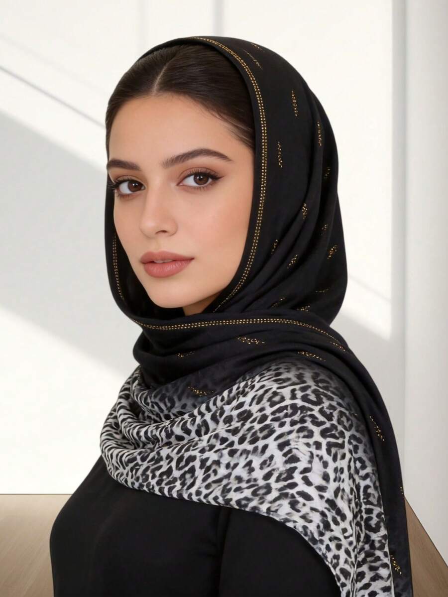 1pc Women's Knitted Leopard Print Ombre Long Hijab Headscarf With Rhinestone Decor, Super Soft Fabric, Middle Eastern Style - Leopard Print Rhinestone Long Scarf In Multiple Colors - View 1