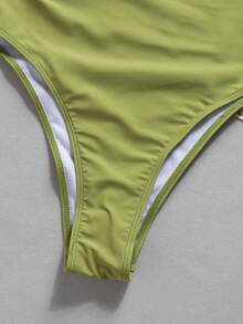 Women's Avocado Green & White Colorblock Asymmetric One-Shoulder One-Piece Swimsuit, 2026 Summer Beach Swimwear, Suitable For Beach, Pool, Vacation - Multicolor - View 5